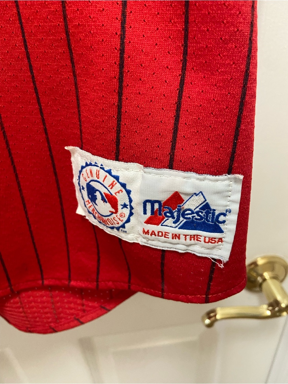 Yankees Red Pinstripe Button-Up Jersey By Majestic Sz Large - Picture 3 of 6